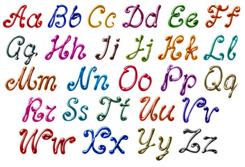 Colorful glossy uppercase and lowercase letters of the Latin alphabet drawn with paint on a white background