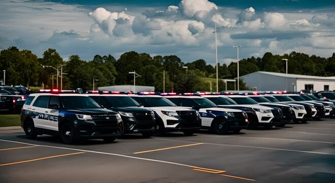 Police cars in parking lot.