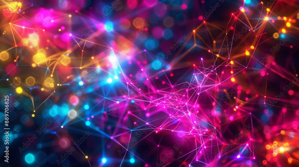 Poster A vibrant, abstract background with a glowing network of lines and dots, set against a background of blurred colored lights.