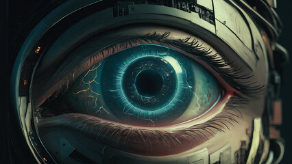 Close-up of a cybernetic eye with intricate circuitry and glowing elements.