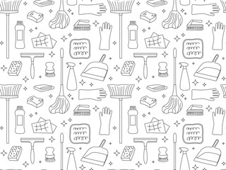 Cleaning equipment seamless pattern. Simple Outline drawn Sponge, brush, mop, spray, rubber gloves. Cleaning service Background. Spring clean elements in Doodle sketch style. 