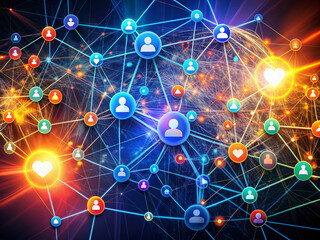 Interconnected lines and nodes form a vibrant network, illustrating viral content's exponential spread, with share, like, and comment icons fueling the digital wildfire's rapid growth.