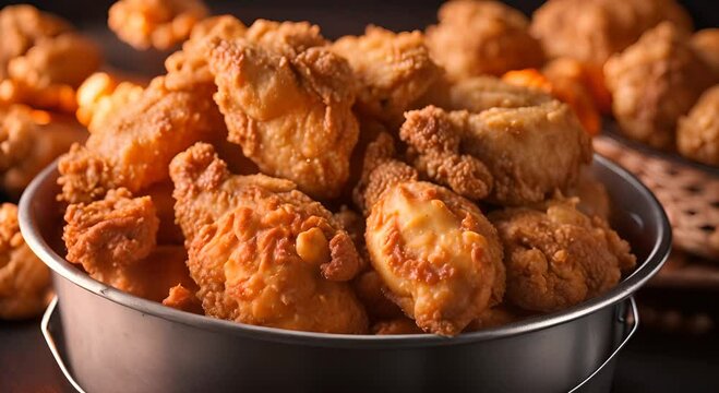 Bucket with breaded chicken.