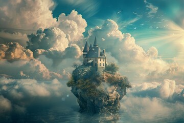 Fototapeta premium Surreal Dreamscape with Floating Mirrors and Lone Figure in a Misty Mountain Landscape
