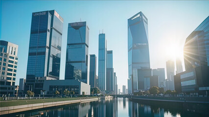 financial city on a sunny clear day, high-rise buildings of the economic center of the city, Downtown,