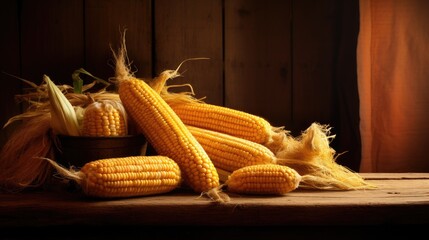 Fresh corn cobs on wooden table.
