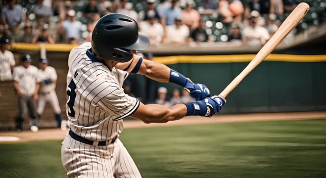 Baseball player hitting a ball.