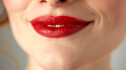 Naklejka premium Close-up of Caucasian woman with red lipstick and smooth skin. Concept of beauty, makeup, cosmetics, skincare