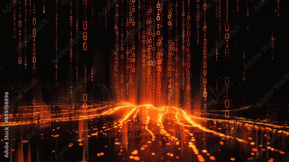 Aufkleber orange binary code falls like rain over a glowing, digital landscape.