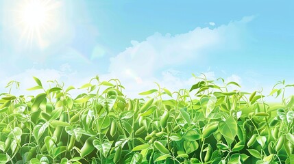 Obraz premium Morning Sunlight Shining on Fresh Green Beans and Broad Leaves in a Lush Garden. Concept of Organic Farming, Fresh Produce, Agriculture, Sustainable Gardening. Digital art
