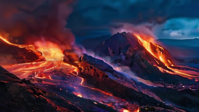 Lava spurting out of crater and reddish illuminated smoke cloud, lava flows, erupting volcano