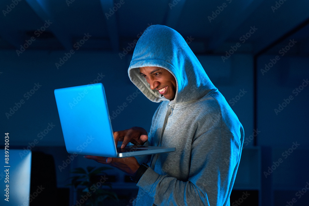 Poster night, black man or hacker phishing on laptop for cybercrime, malware or stealing online data. progr