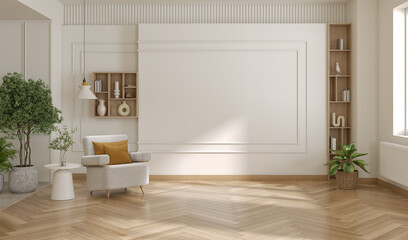 White wall mock up ,Modern scandinavian interior design ,cozy home , wood floor ,white sofa, 3d render