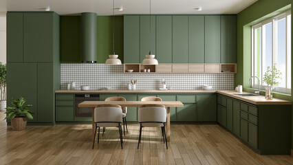 Green Modern kitchen design have dinning table and modern chair in space and green plant,3D rendering