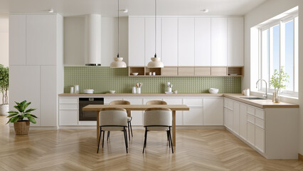 Modern white kitchen design have dinning table and modern chair in space ,3D rendering