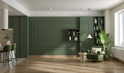 Green wall mockup interior of living room design,cozy home have new green armchair with cabinet and wood floor parquet ,3drender