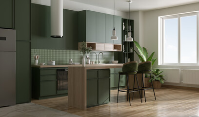 Green Modern kitchen design have dinning counter island and modern stool in room space with green plant,3D rendering