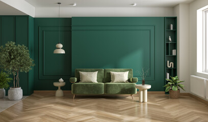 Interior of living room design ,,cozy home have new green sofa with green cabinate ,wood floor dark green wall , 3d render