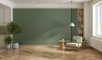 Green wall mockup interior of living room design,cozy home have new green armchair with cabinet and wood floor parquet ,3drender