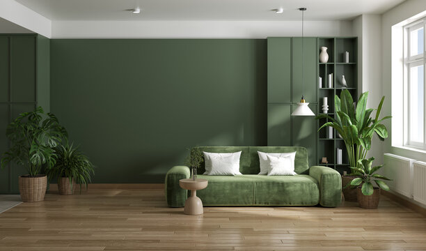 Scandinavian interior living room design,cozy home have new green sofa with green wall mockup with cabinet and wood floor parquet, 3d render