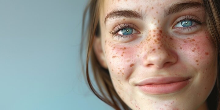 Close-up portrait of a woman with freckled skin, expression calm