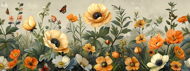  Seamless pattern background featuring a collection of vintage botanical illustrations with flowers and leaves in muted colors 