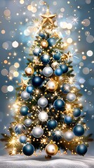beautiful surrealistic watercolor of Christmas  beautiful decorated christmas tree with ornaments, lights and snow, card