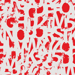 Seamless pattern with alphabet letters in form of red and white paint splashes and blots. Abstract vector background with latin letters. Suitable for wallpaper, wrapping paper or fabric
