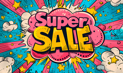 Cartoon-style Super Sale announcement with pink and blue background, stars, and clouds