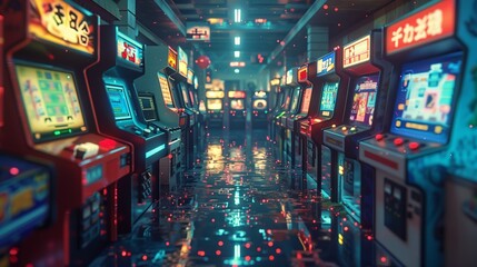 A Row of Retro Arcade Cabinets in a Neon Lit Alley