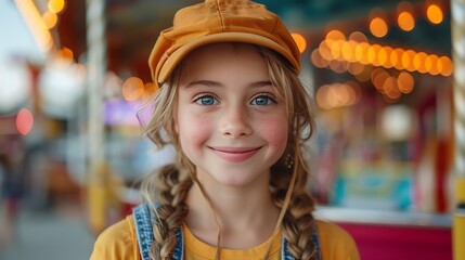 Obraz premium Amusement park safety concept image with portrait of a young girl kid wearing a safety hat letting see amusement park ride in background 