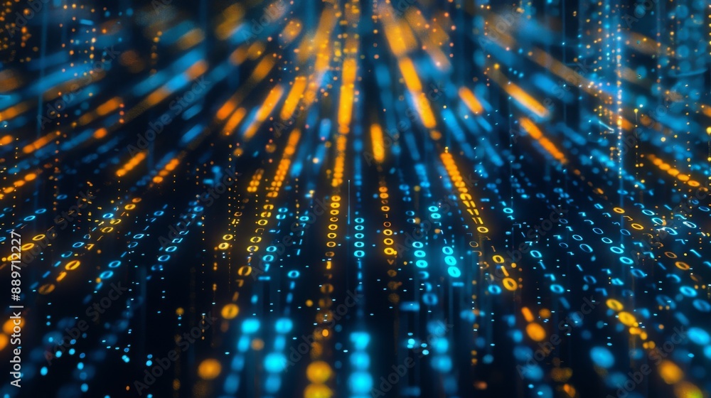 Poster A stream of digital binary code in blue and orange glows with light against a dark background.
