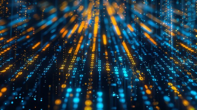 A stream of digital binary code in blue and orange glows with light against a dark background.