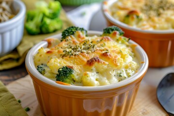 Sectioned broccoli with cheese on a wooden table, square, selective focus.