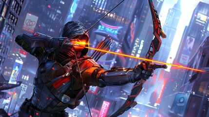 Futuristic archer with laser bow in neon-lit cityscape, Concept of futuristic sports, urban nightscape, action pose