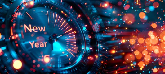 Speedometer pointing to New Year with festive lights and colorful bokeh effects