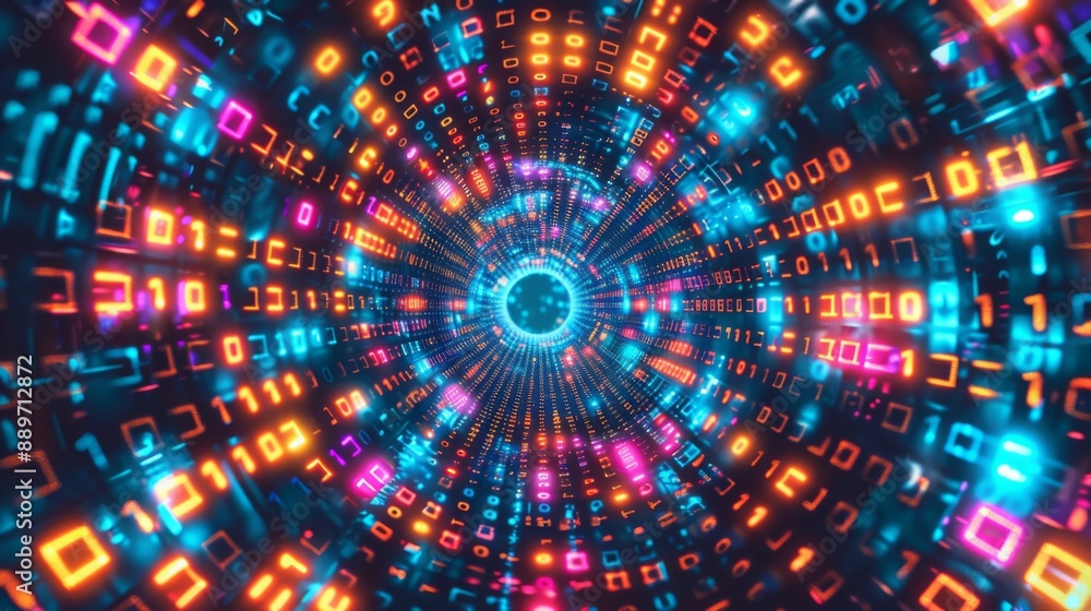 Aufkleber A digital tunnel composed of glowing binary code in neon colors. The tunnel spirals inward, creating a sense of depth and movement.