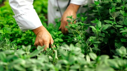 Fototapeta premium Chef in a white coat picking fresh herbs in a garden. Concept of culinary, cooking, gardening, organic ingredients