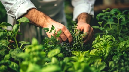 Naklejka premium Chef in a white coat picking fresh herbs in a garden. Concept of culinary, cooking, gardening, organic ingredients