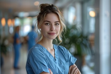 Portrait of young woman nurse at hospital corridor