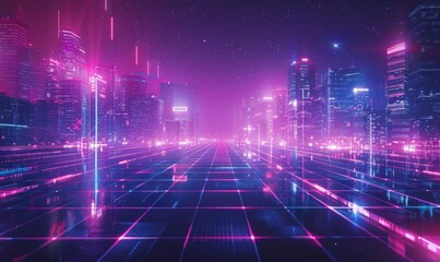 Sci-Fi Background Futuristic landscape of the 80`s. Digital Cyber Surface. Suitable for design in the style of the 1980`s, Empty mesh space, place for logo, cyberpunk retro futurism Generative AI