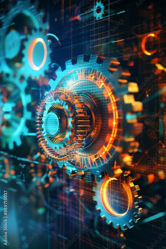 Poster high-tech gears and holographic overlays depicting advanced engineering concepts for digital design