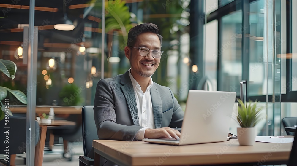 Wall mural In a contemporary office, a contented adult professional business executive uses a laptop at their workstation.