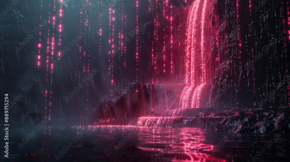 Leinwandbilder a digital waterfall flows down a rock face in a dark, misty forest. the water is illuminated with br