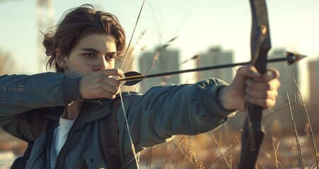 Caucasian boy practicing archery outdoors, Concept of youth sports, focus, and skill development