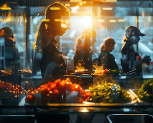 Silhouetted people in a vibrant cafeteria setting with fresh food, illuminated by warm evening light through a window.