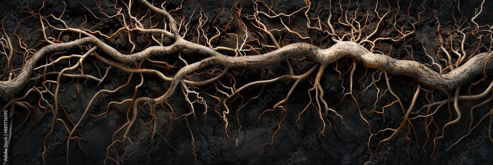 Poster a close-up photo of roots branching out from a central thick root, creating a visually intricate and
