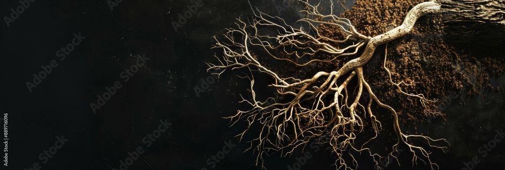 Poster a top-down view of a stylized animation of roots spreading across a black background, creating an or