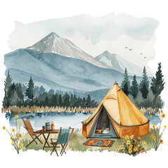 glamping mountain view vector illustration in watercolor style