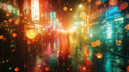 Fototapeta premium film photography effect. Grunge texture frame. Dusted Holographic Abstract Multicolored Vintage Retro Looking Backgound Photo, Rainbow Light Leaks Prism Colors. Blurred city lights, Generative AI